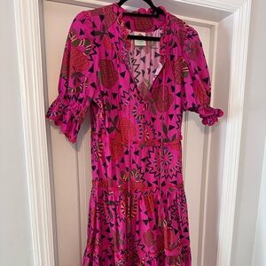 Pink colorful design. Scalloped embroidery at waist and neck w/ beaded tassels.